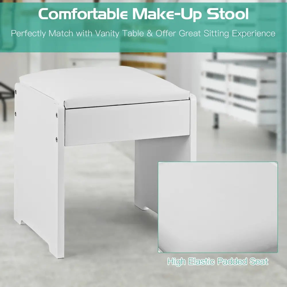 Vanity Makeup Dressing Table Set with Flip Top Mirror and Cushioned Stool-White - White - Makeup Vanities