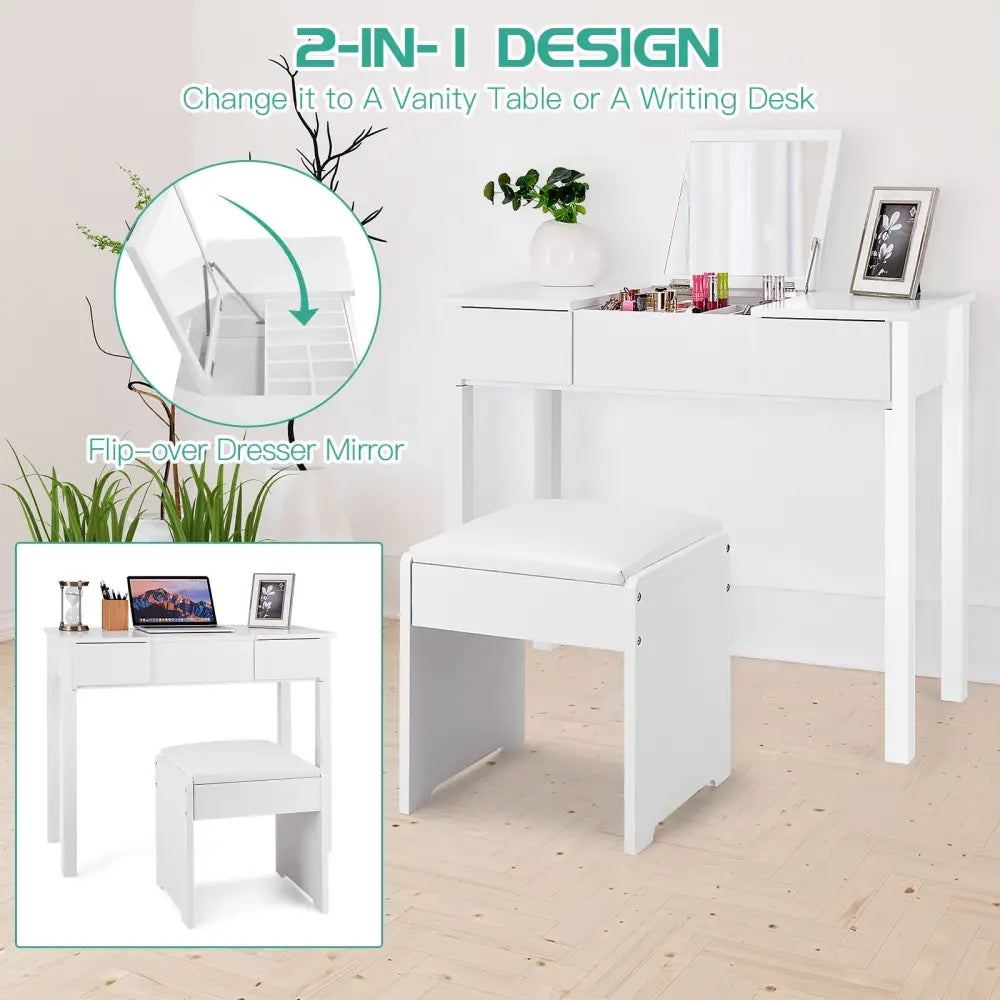 Vanity Makeup Dressing Table Set with Flip Top Mirror and Cushioned Stool-White - White - Makeup Vanities