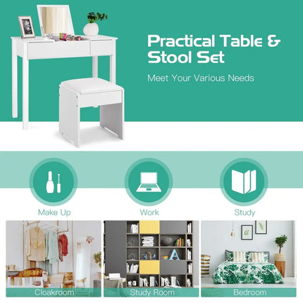 Vanity Makeup Dressing Table Set with Flip Top Mirror and Cushioned Stool-White - White - Makeup Vanities