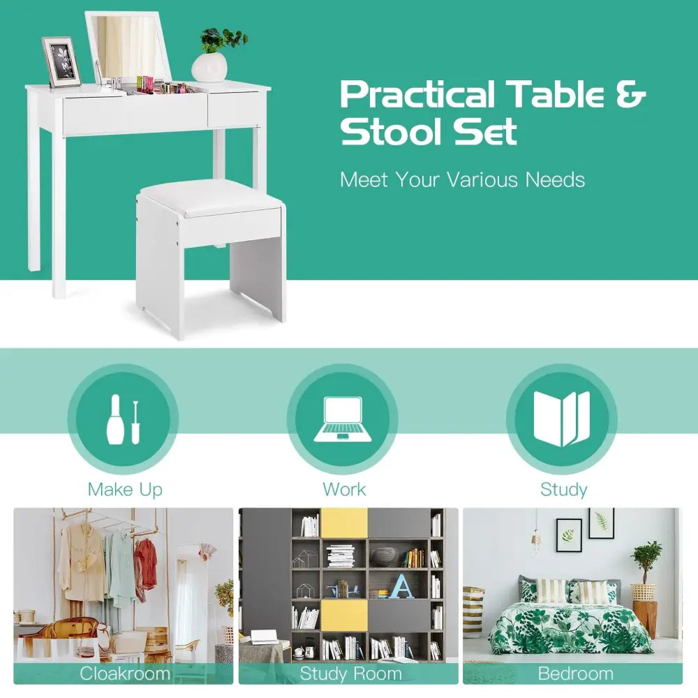 Vanity Makeup Dressing Table Set with Flip Top Mirror and Cushioned Stool-White - White - Makeup Vanities