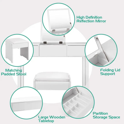 Vanity Makeup Dressing Table Set with Flip Top Mirror and Cushioned Stool-White - White - Makeup Vanities
