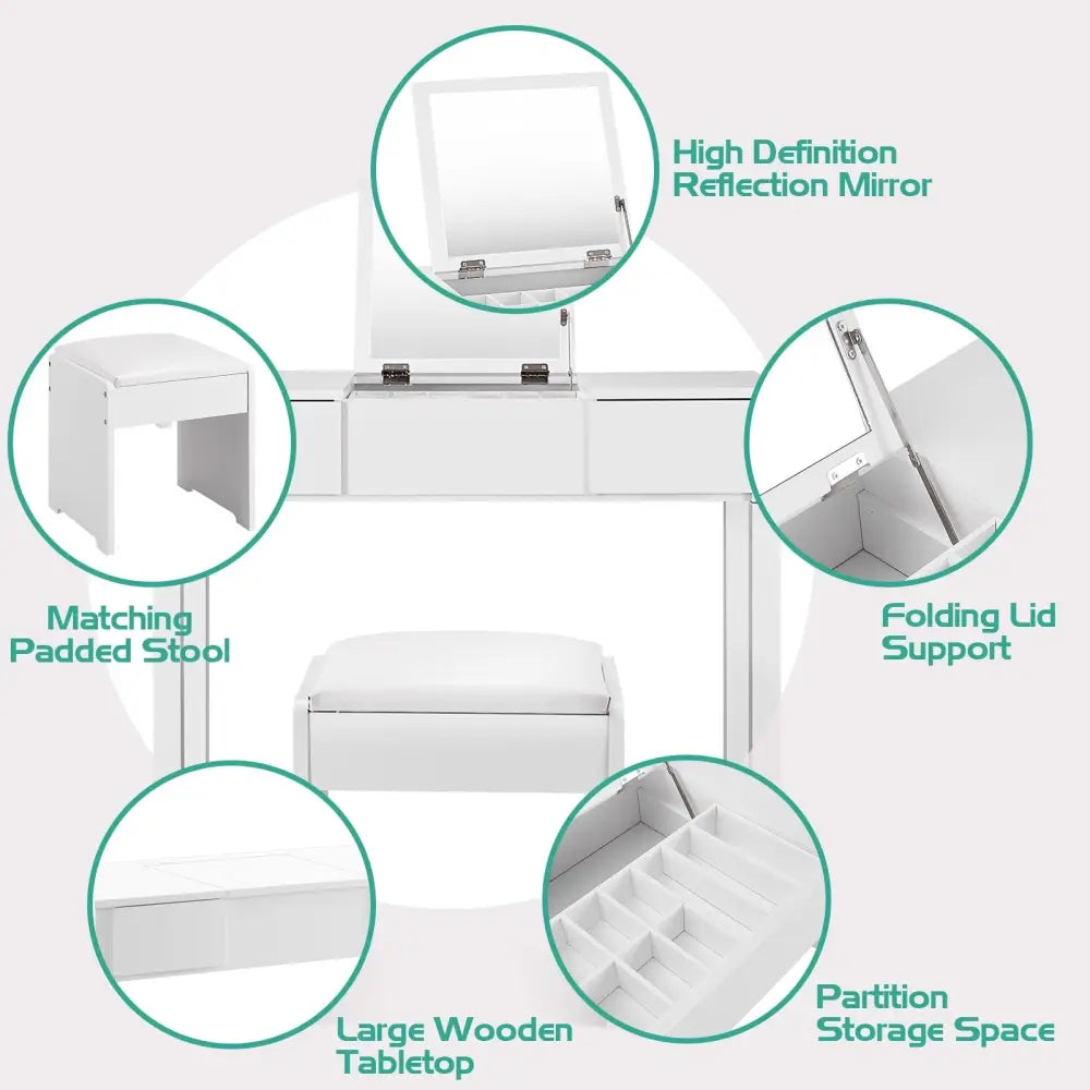Vanity Makeup Dressing Table Set with Flip Top Mirror and Cushioned Stool-White - White - Makeup Vanities