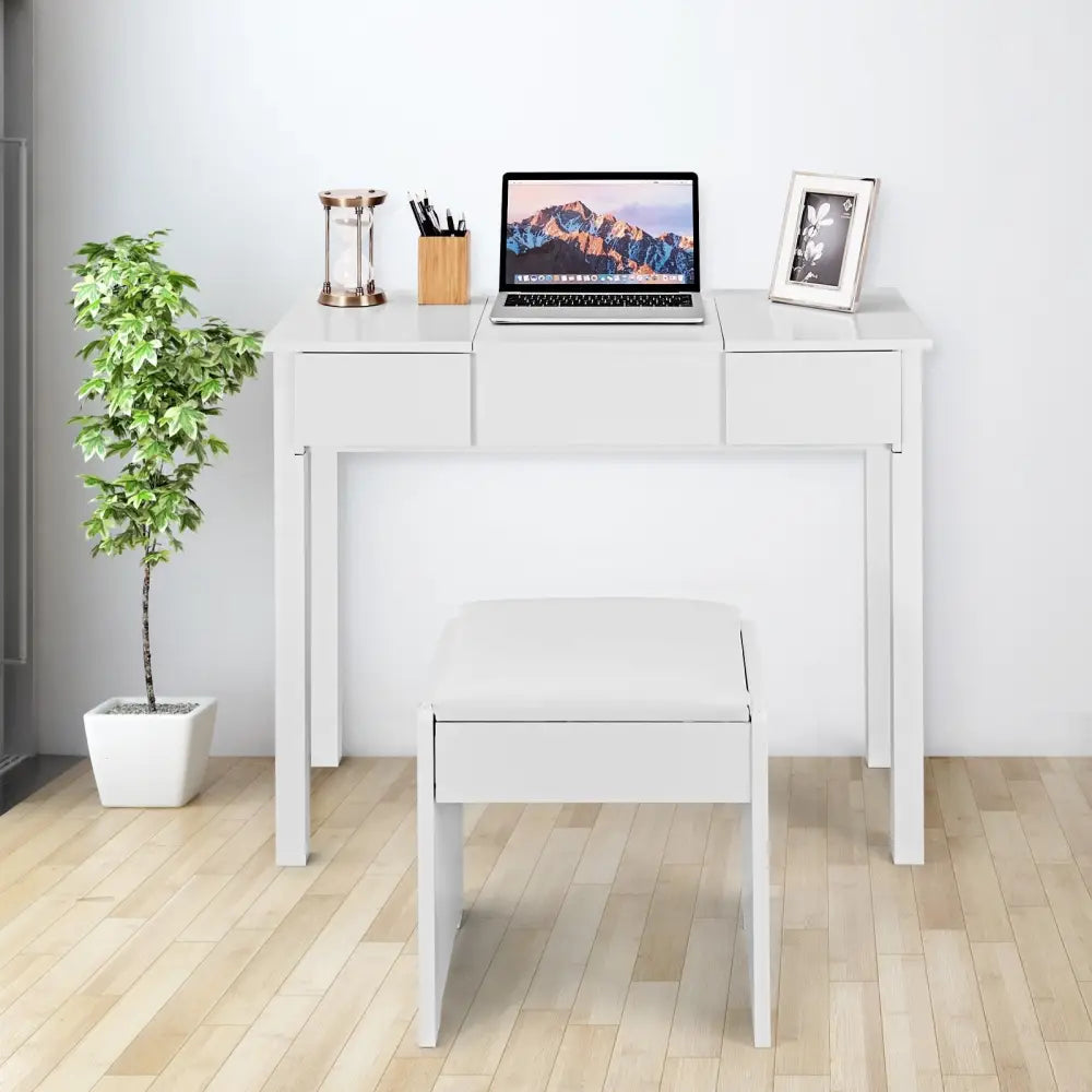 Vanity Makeup Dressing Table Set with Flip Top Mirror and Cushioned Stool-White - White - Makeup Vanities