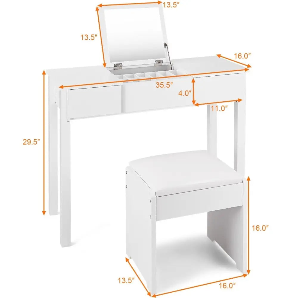 Vanity Makeup Dressing Table Set with Flip Top Mirror and Cushioned Stool-White - White - Makeup Vanities