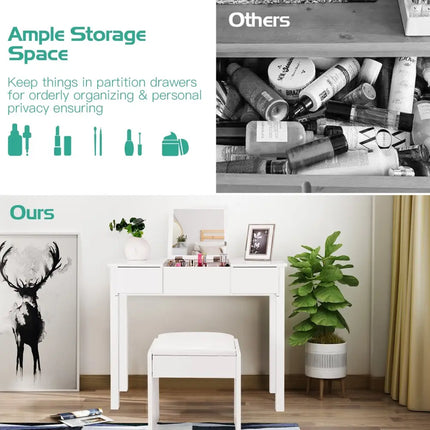 Vanity Makeup Dressing Table Set with Flip Top Mirror and Cushioned Stool-White - White - Makeup Vanities