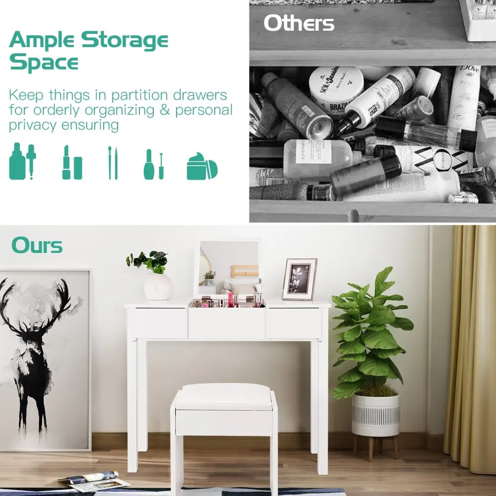 Vanity Makeup Dressing Table Set with Flip Top Mirror and Cushioned Stool-White - White - Makeup Vanities