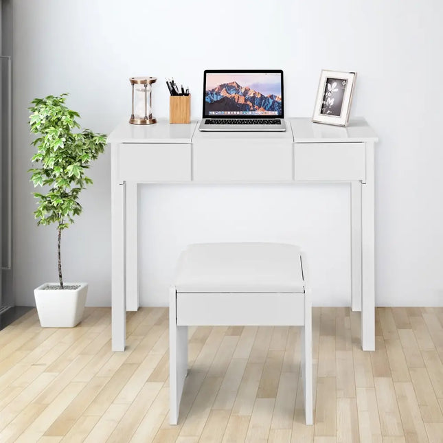 Vanity Makeup Dressing Table Set with Flip Top Mirror and Cushioned Stool-White - White - Makeup Vanities