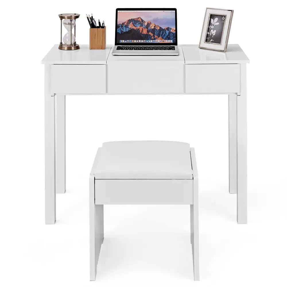 Vanity Makeup Dressing Table Set with Flip Top Mirror and Cushioned Stool-White - White - Makeup Vanities