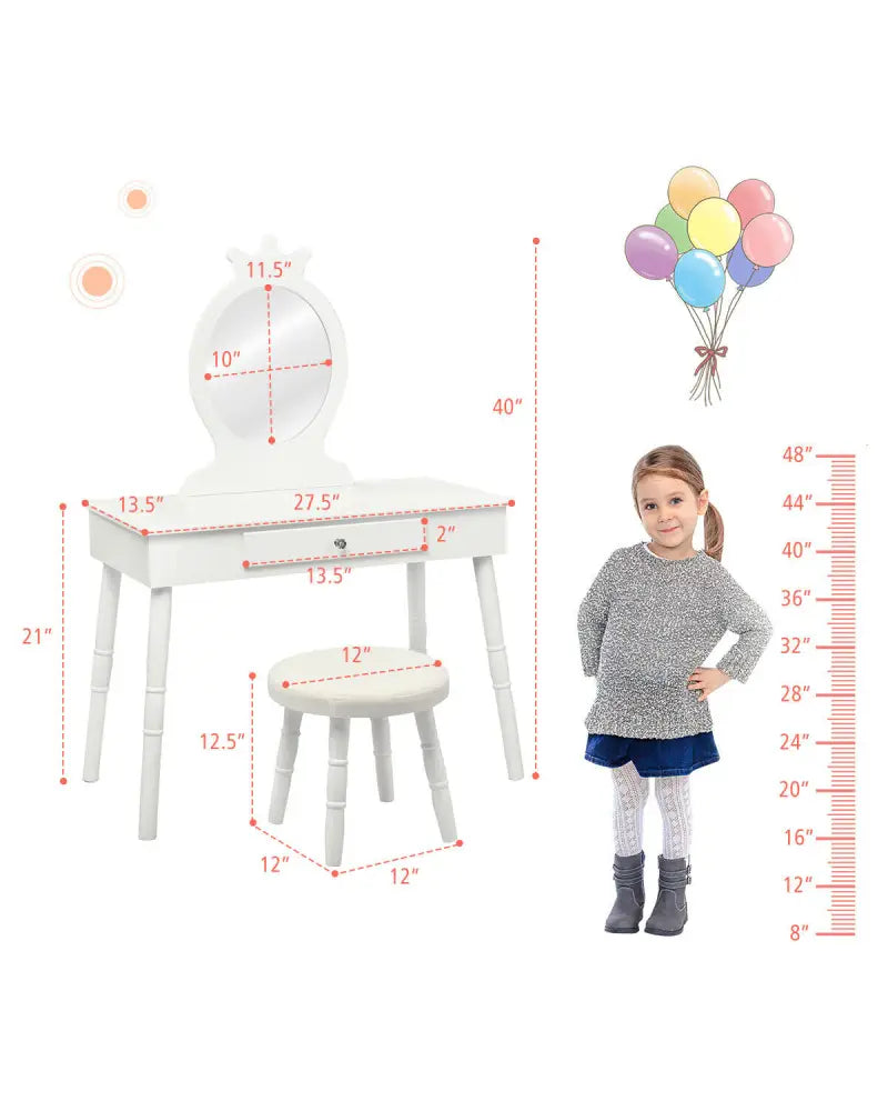 Vanity Makeup Table & Chair Set Make Up Stool-White - White - Kids Vanities