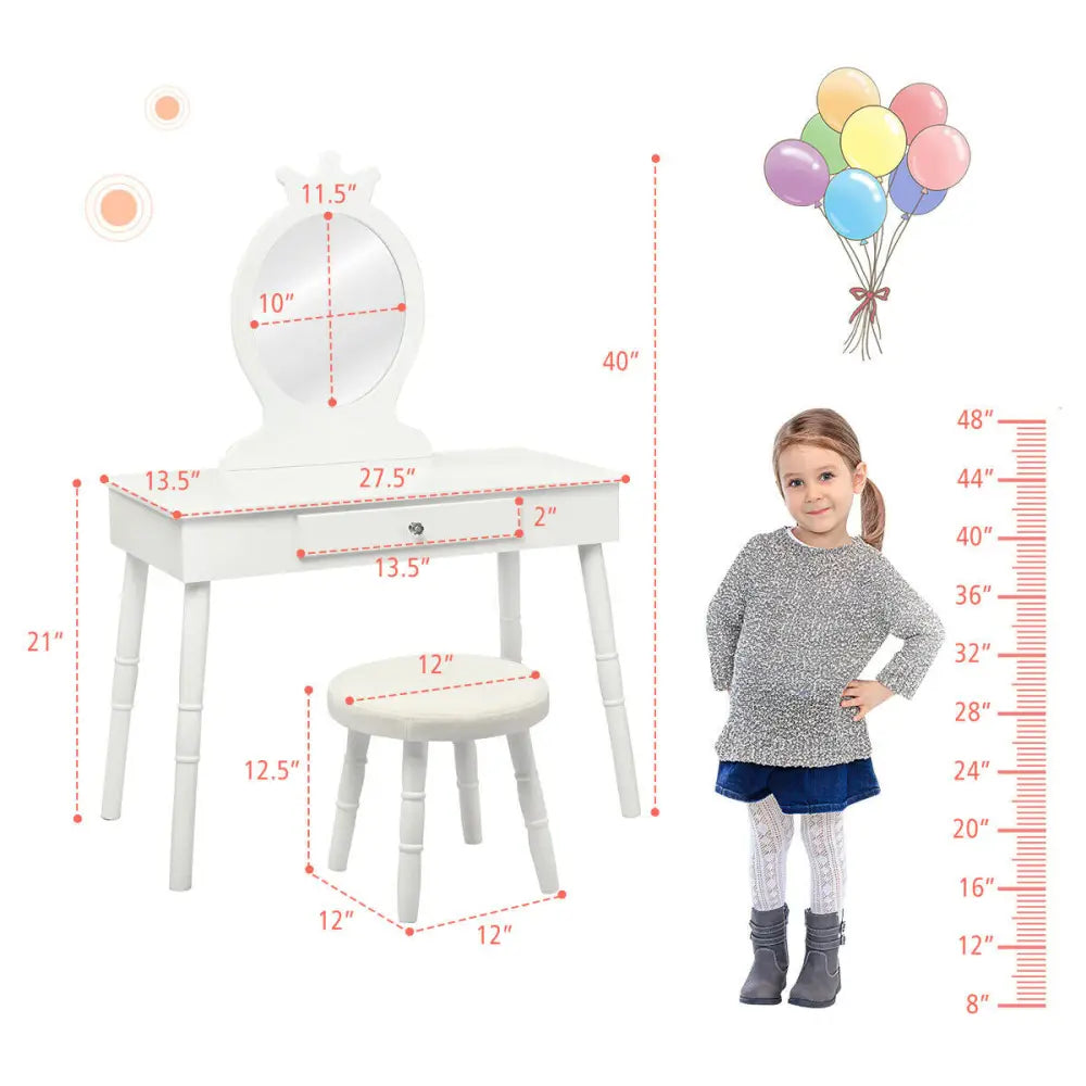 Vanity Makeup Table & Chair Set Make Up Stool-White - White - Kids Vanities
