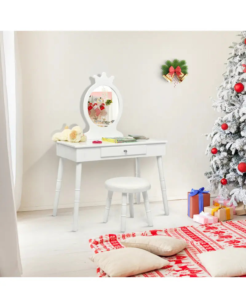 Vanity Makeup Table & Chair Set Make Up Stool-White - White - Kids Vanities
