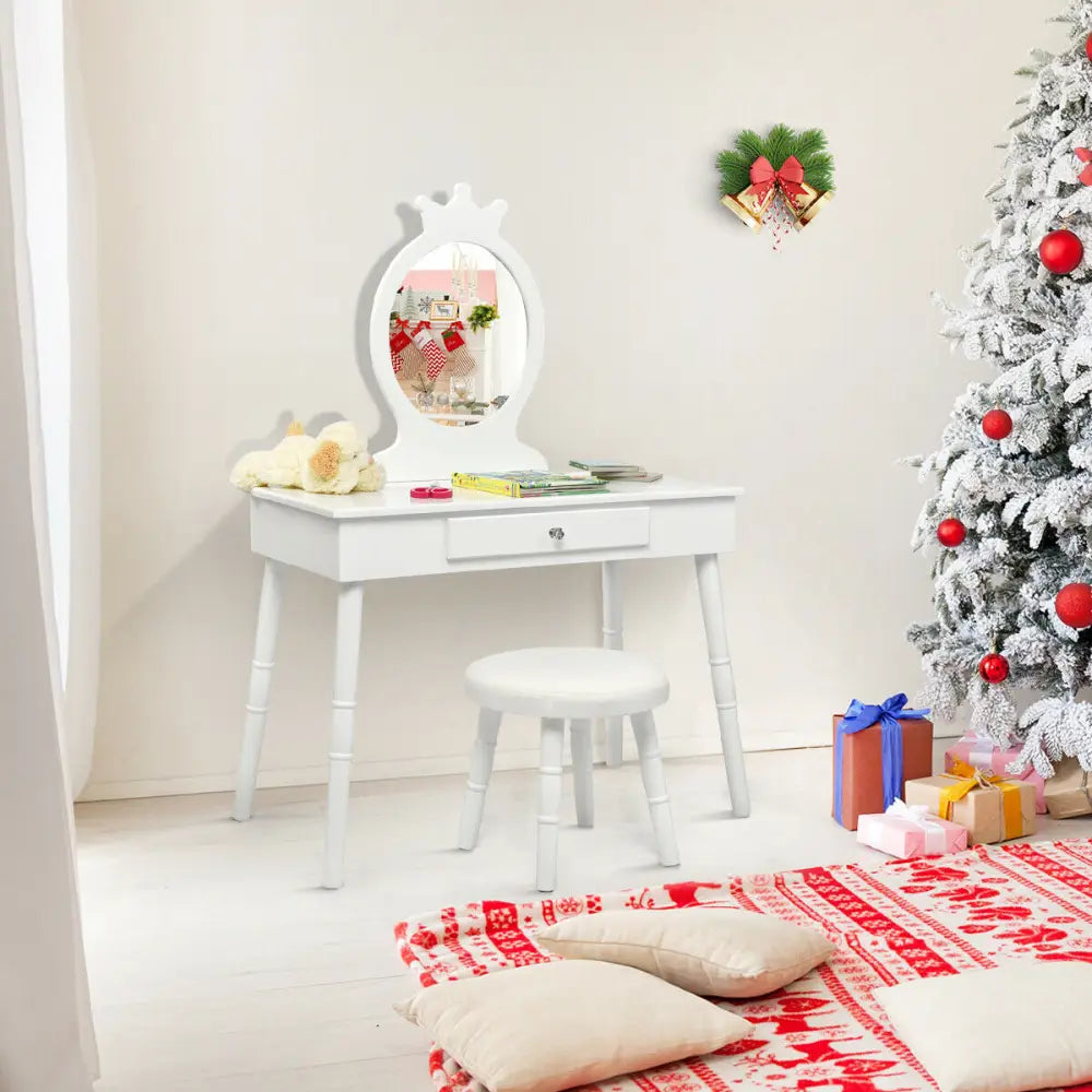 Vanity Makeup Table & Chair Set Make Up Stool-White - White - Kids Vanities