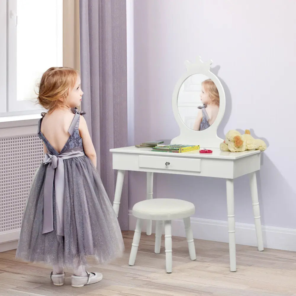 Vanity Makeup Table & Chair Set Make Up Stool-White - White - Kids Vanities
