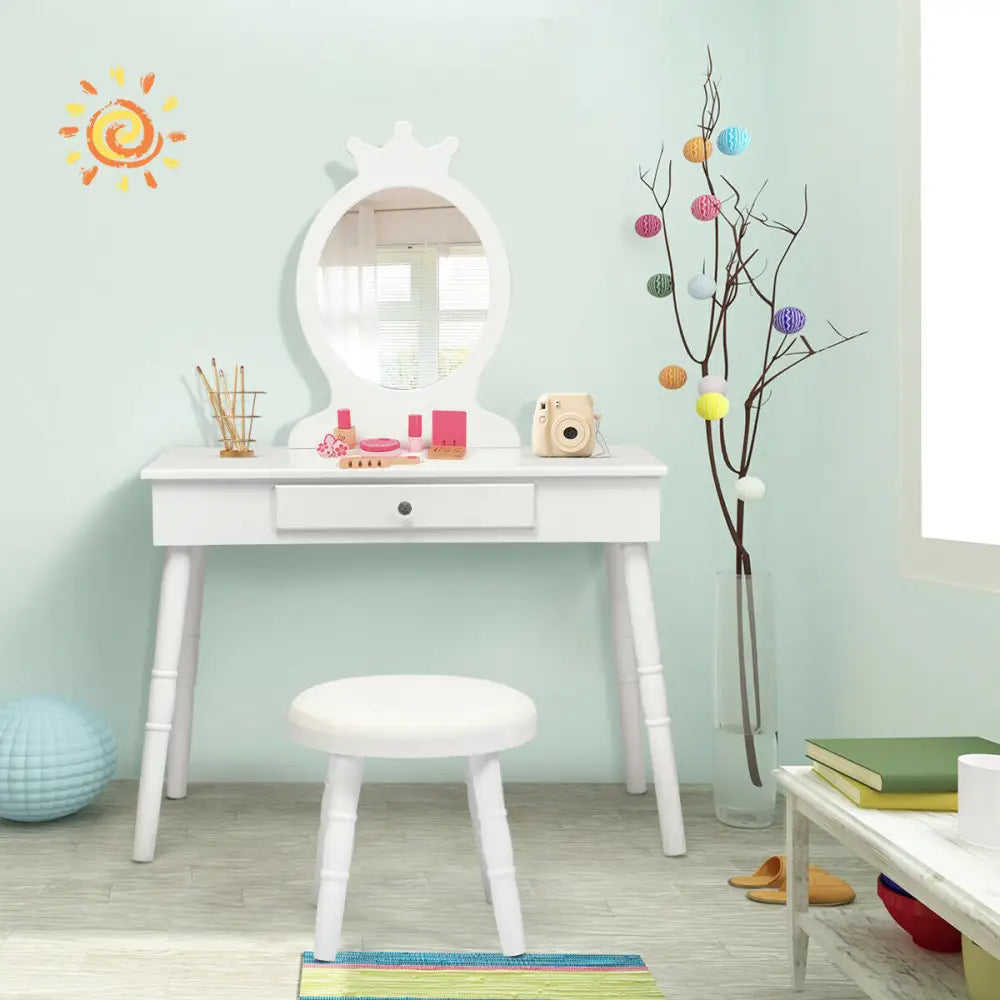 Vanity Makeup Table & Chair Set Make Up Stool-White - White - Kids Vanities