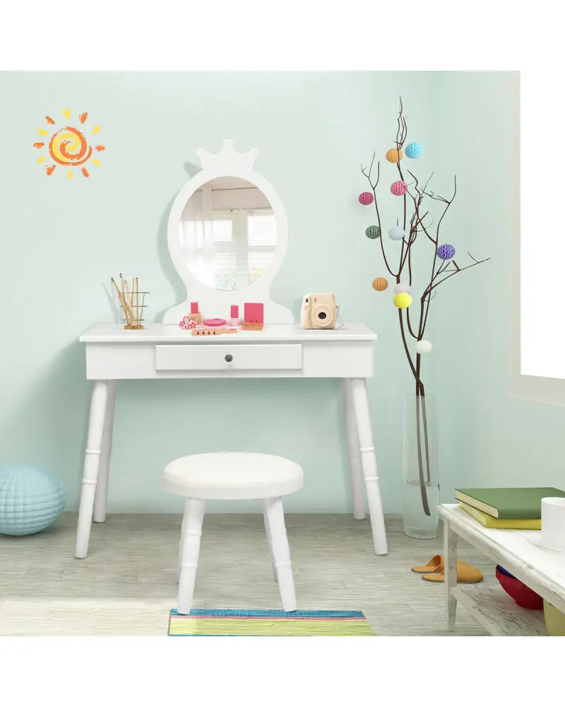 Vanity Makeup Table & Chair Set Make Up Stool-White - White - Kids Vanities