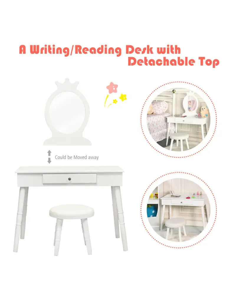Vanity Makeup Table & Chair Set Make Up Stool-White - White - Kids Vanities