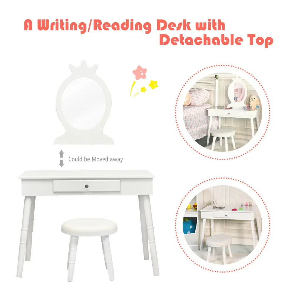 Vanity Makeup Table & Chair Set Make Up Stool-White - White - Kids Vanities