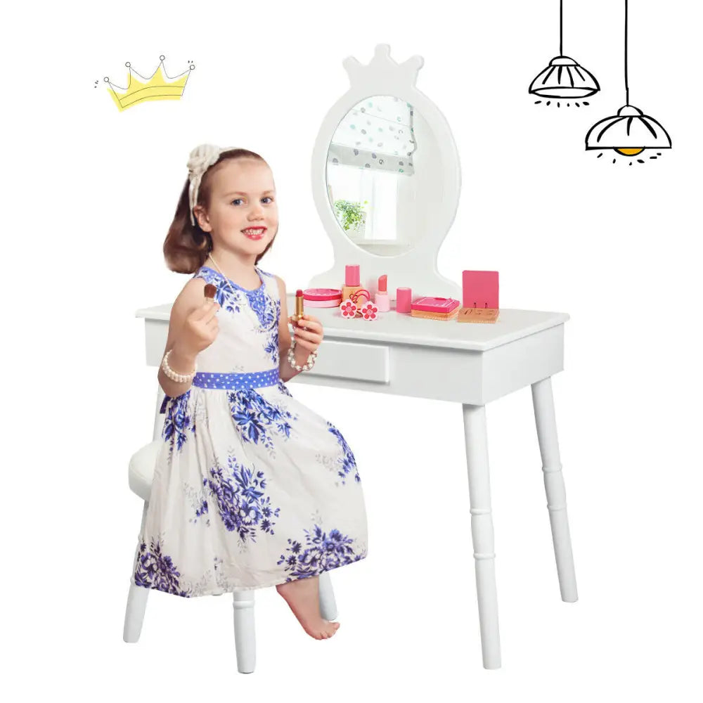 Vanity Makeup Table & Chair Set Make Up Stool-White - White - Kids Vanities