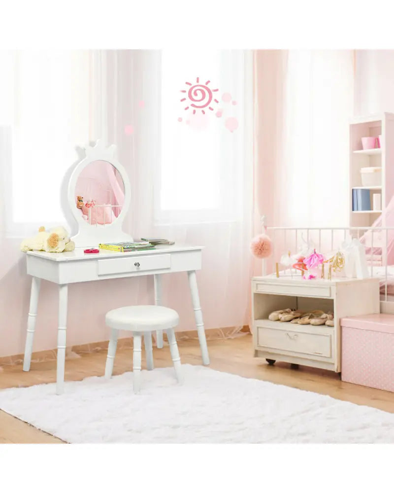 Vanity Makeup Table & Chair Set Make Up Stool-White - White - Kids Vanities