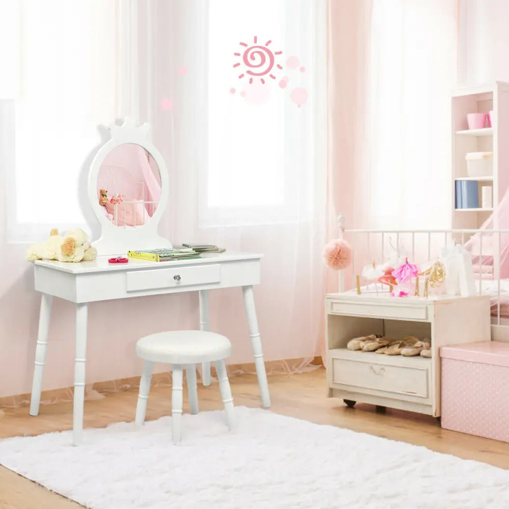 Vanity Makeup Table & Chair Set Make Up Stool-White - White - Kids Vanities