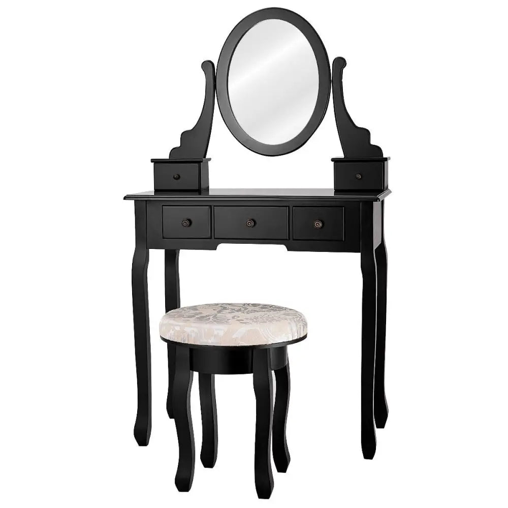 Vanity Makeup Table Set Bedroom Furniture with Padded Stool-Black - Black - Makeup Vanities