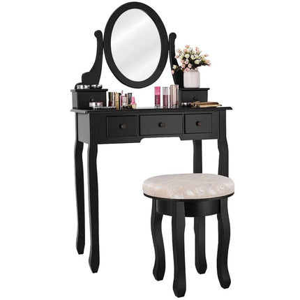 Vanity Makeup Table Set Bedroom Furniture with Padded Stool-Black - Black - Makeup Vanities