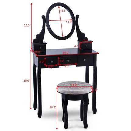 Vanity Makeup Table Set Bedroom Furniture with Padded Stool-Black - Black - Makeup Vanities