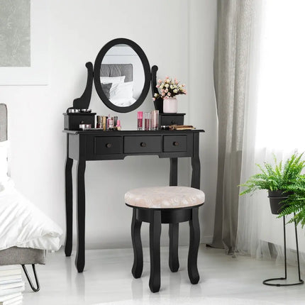 Vanity Makeup Table Set Bedroom Furniture with Padded Stool-Black - Black - Makeup Vanities
