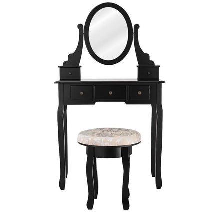 Vanity Makeup Table Set Bedroom Furniture with Padded Stool-Black - Black - Makeup Vanities