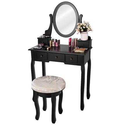 Vanity Makeup Table Set Bedroom Furniture with Padded Stool-Black - Black - Makeup Vanities