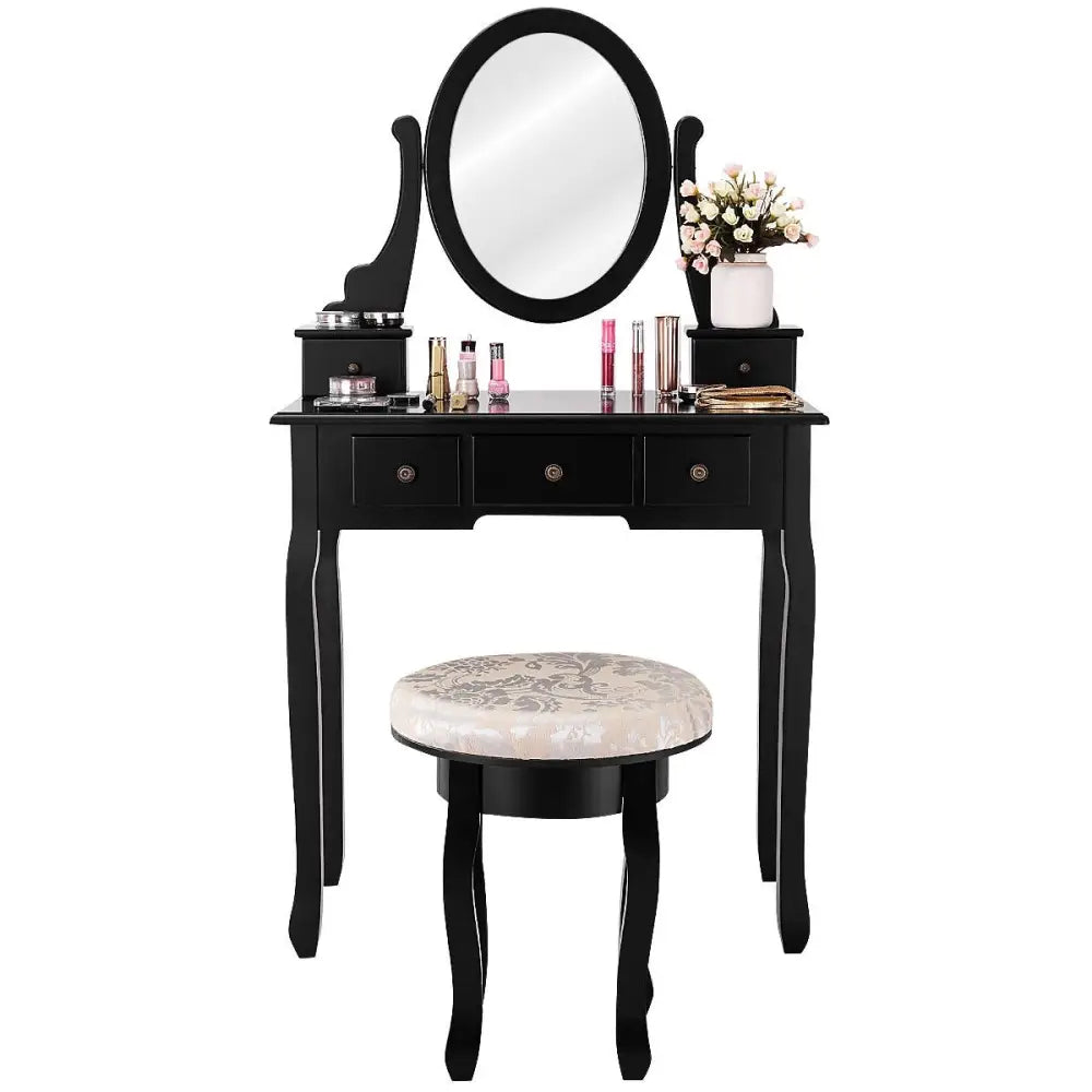 Vanity Makeup Table Set Bedroom Furniture with Padded Stool-Black - Black - Makeup Vanities