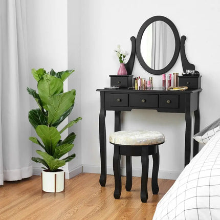 Vanity Makeup Table Set Bedroom Furniture with Padded Stool-Black - Black - Makeup Vanities