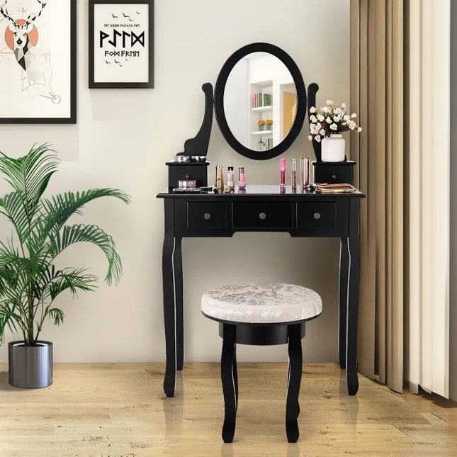 Vanity Makeup Table Set Bedroom Furniture with Padded Stool-Black - Black - Makeup Vanities
