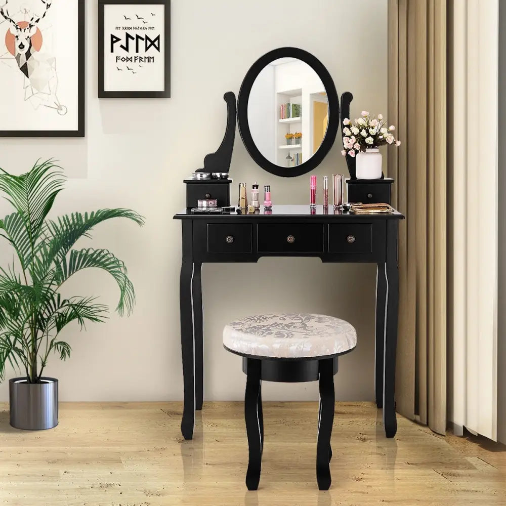 Vanity Makeup Table Set Bedroom Furniture with Padded Stool-Black - Black - Makeup Vanities