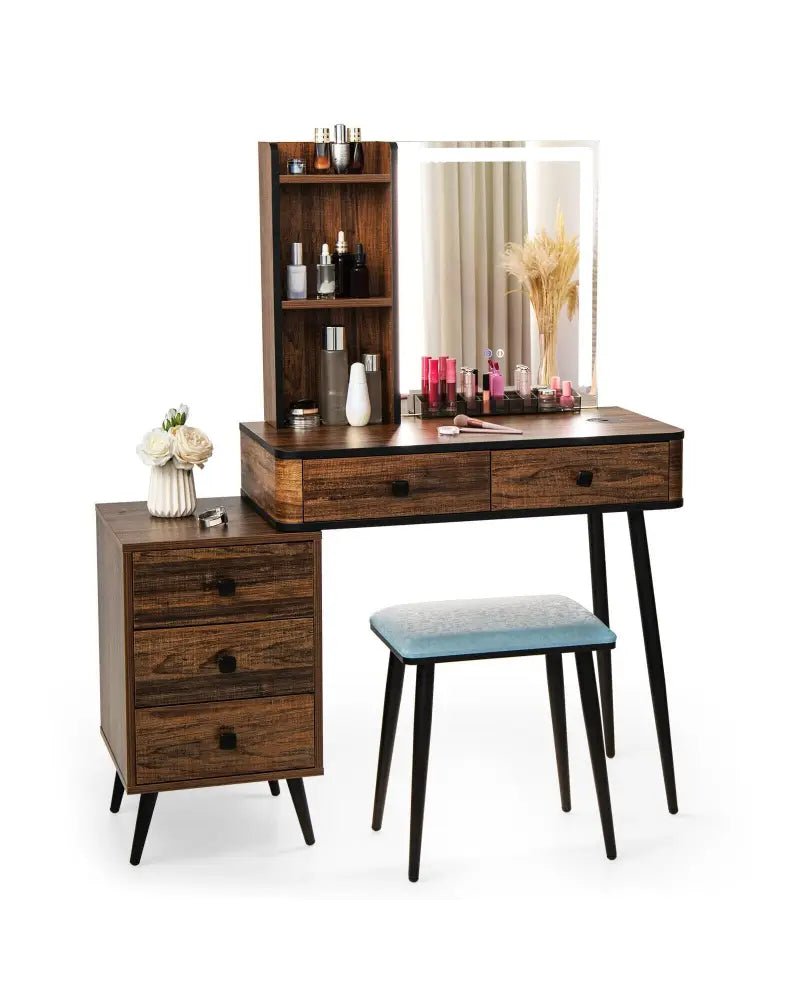Vanity Makeup Table Set with Lighted Mirror-Brown - Brown - Makeup Vanities