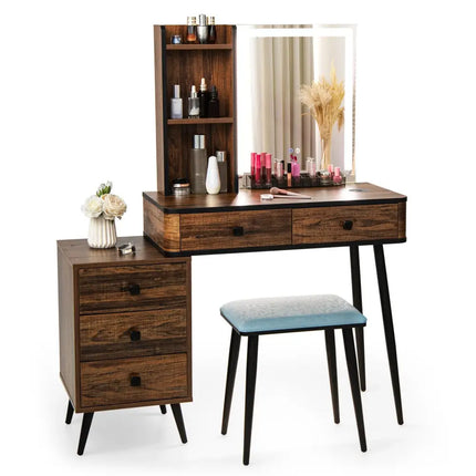 Vanity Makeup Table Set with Lighted Mirror-Brown - Brown - Makeup Vanities