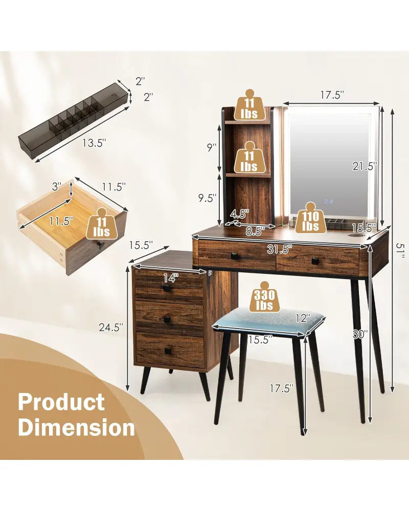 Vanity Makeup Table Set with Lighted Mirror-Brown - Brown - Makeup Vanities