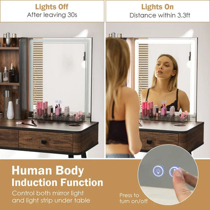 Vanity Makeup Table Set with Lighted Mirror-Brown - Brown - Makeup Vanities
