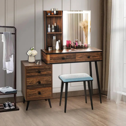 Vanity Makeup Table Set with Lighted Mirror-Brown - Brown - Makeup Vanities
