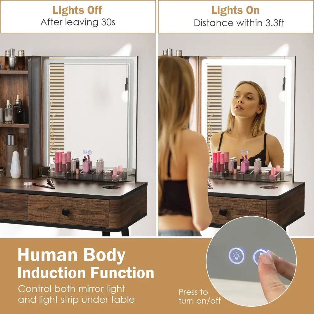 Vanity Makeup Table Set with Lighted Mirror-Brown - Brown - Makeup Vanities