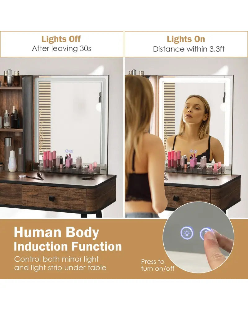 Vanity Makeup Table Set with Lighted Mirror-Brown - Brown - Makeup Vanities