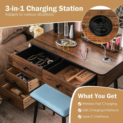 Vanity Makeup Table Set with Lighted Mirror-Brown - Brown - Makeup Vanities