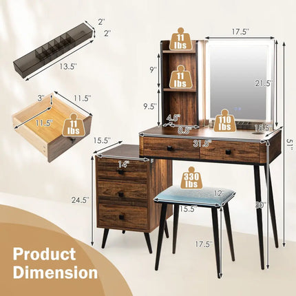 Vanity Makeup Table Set with Lighted Mirror-Brown - Brown - Makeup Vanities