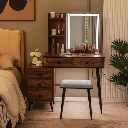 Vanity Makeup Table Set with Lighted Mirror-Brown - Brown - Makeup Vanities