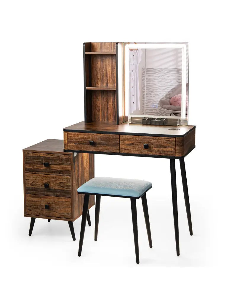 Vanity Makeup Table Set with Lighted Mirror-Brown - Brown - Makeup Vanities