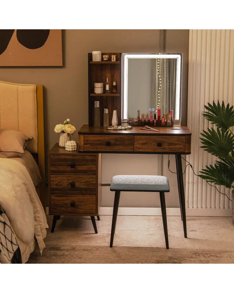 Vanity Makeup Table Set with Lighted Mirror-Brown - Brown - Makeup Vanities