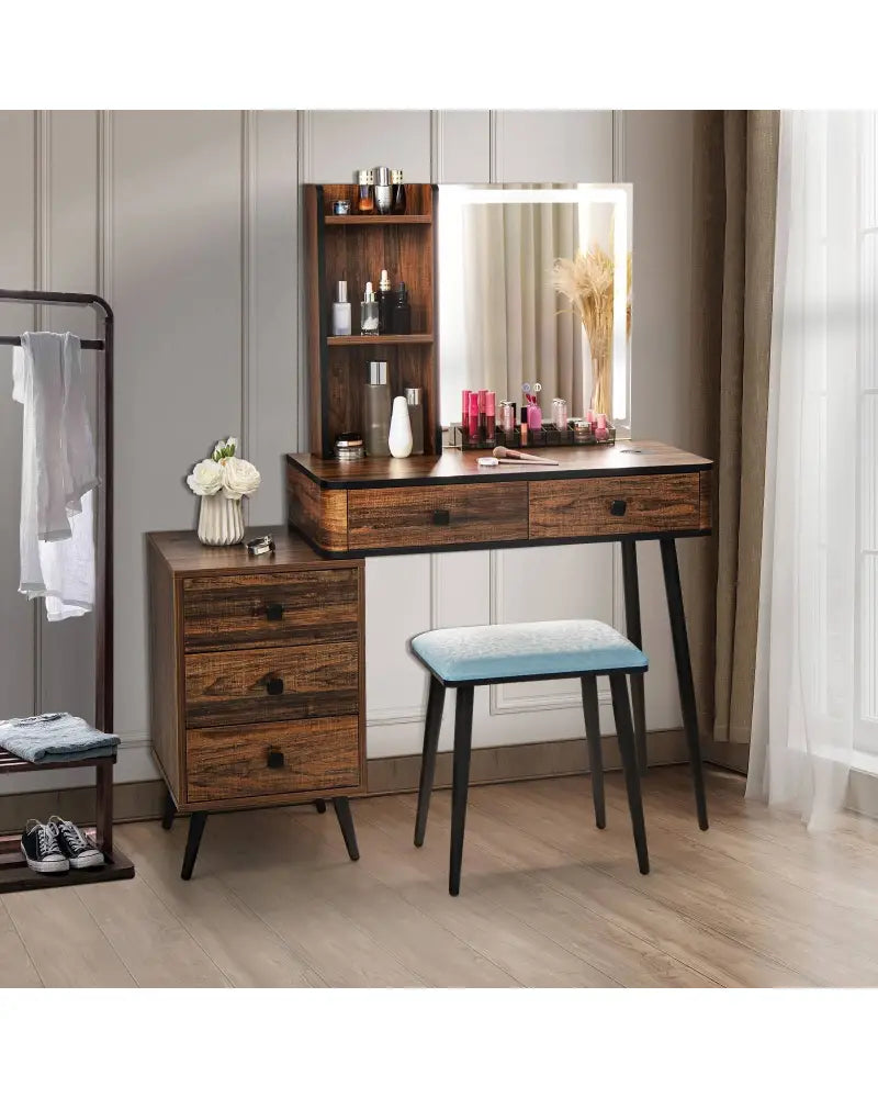 Vanity Makeup Table Set with Lighted Mirror-Brown - Brown - Makeup Vanities