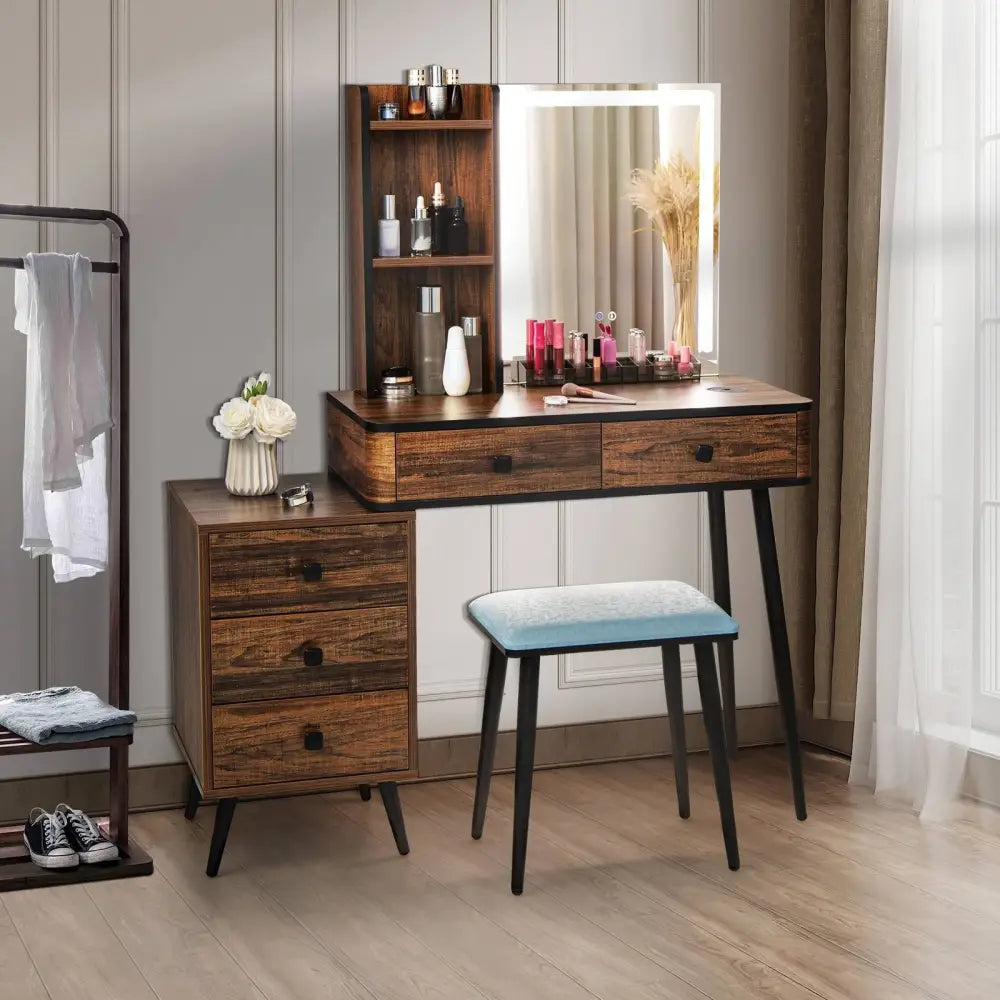 Vanity Makeup Table Set with Lighted Mirror-Brown - Brown - Makeup Vanities