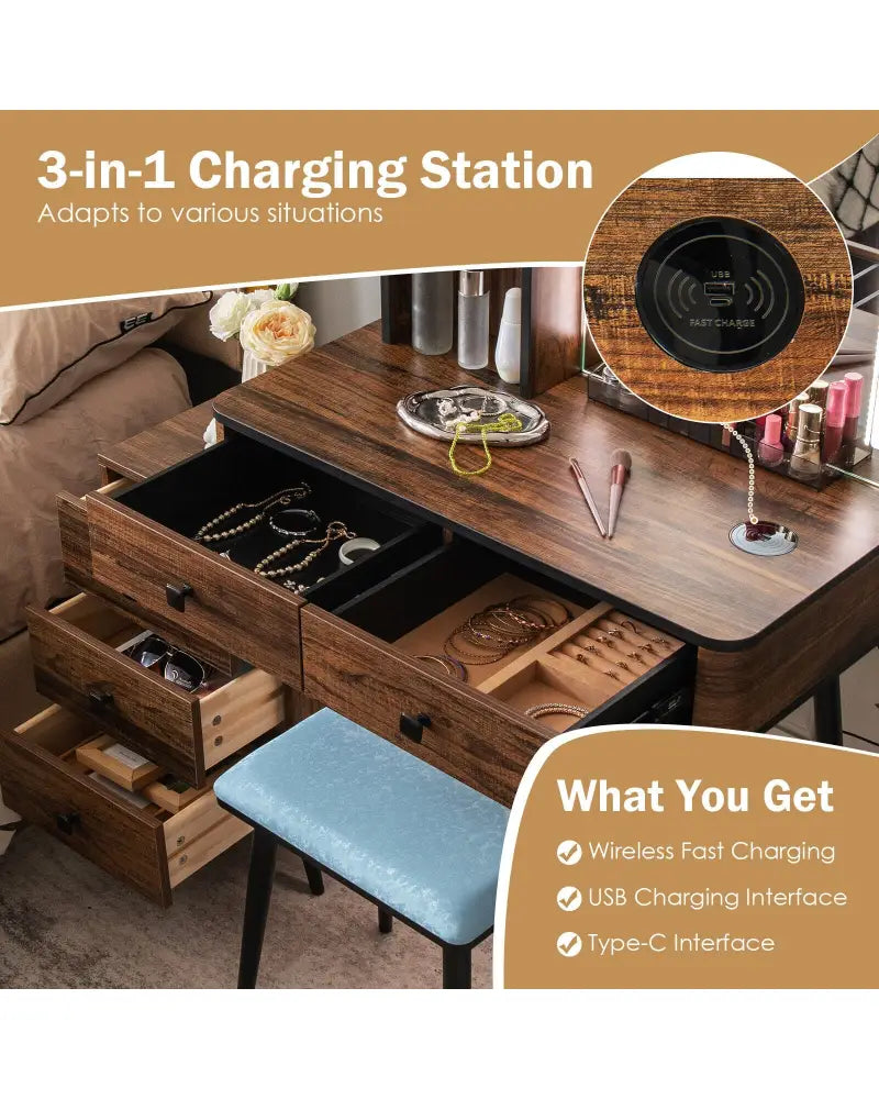 Vanity Makeup Table Set with Lighted Mirror-Brown - Brown - Makeup Vanities