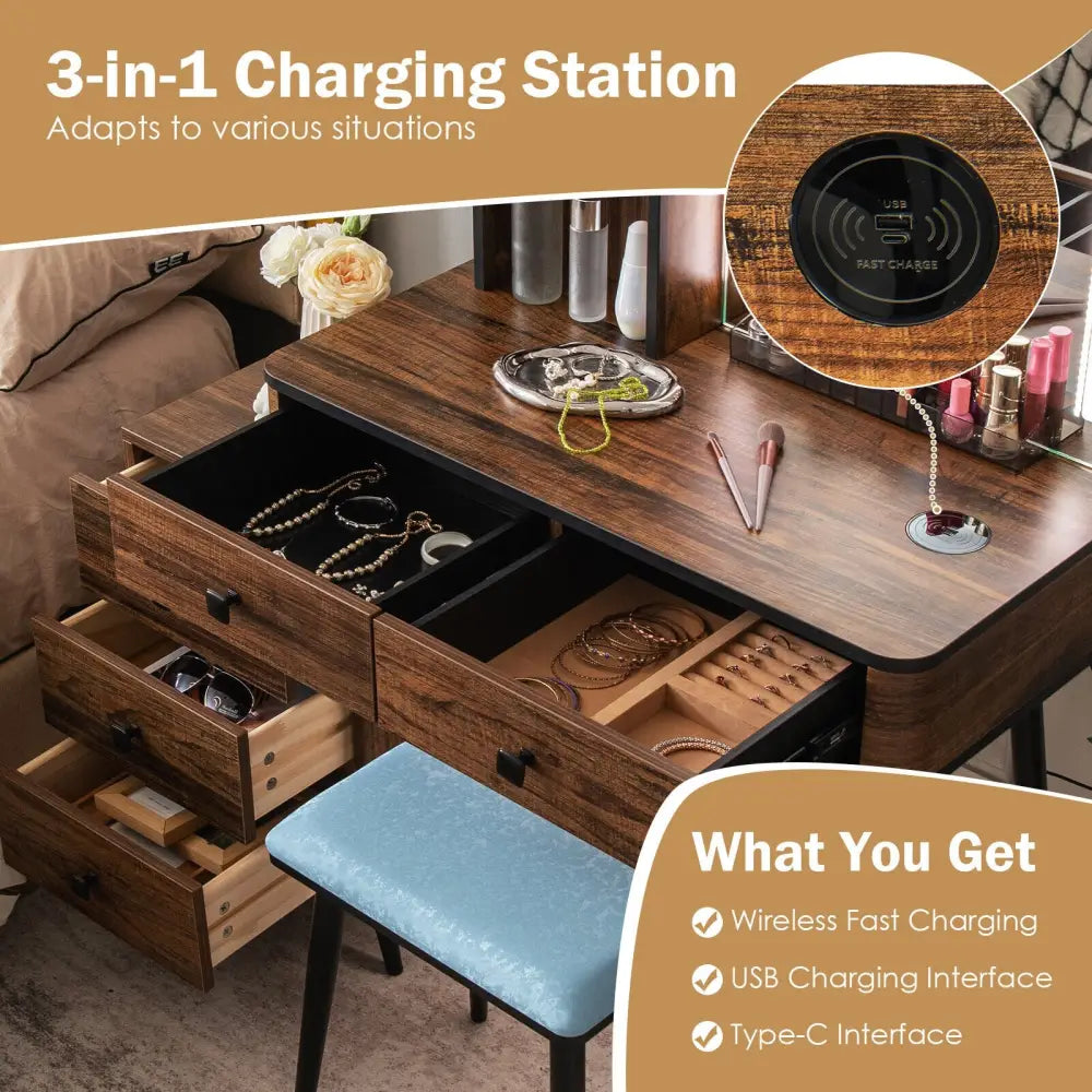 Vanity Makeup Table Set with Lighted Mirror-Brown - Brown - Makeup Vanities